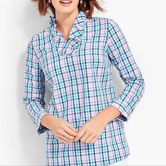 Talbots Ruffle Neck Gingham Shirt Blouse - Picture 1 of 10